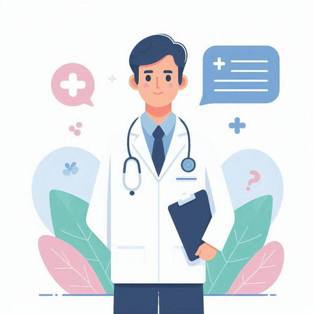 Male doctor with stethoscope and clipboard, flat vector illustration.のイラスト素材