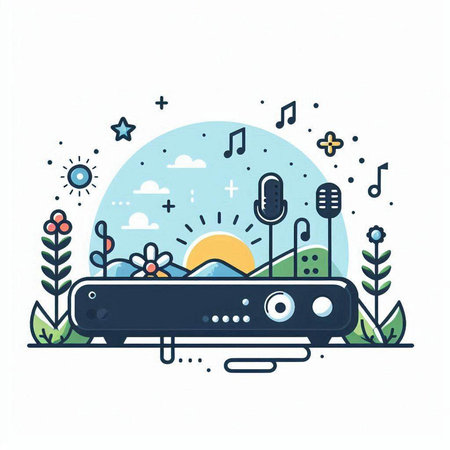 Vector illustration of music player in flat linear style. Music concept.のイラスト素材