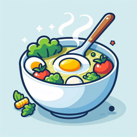 Cartoon vector illustration of bowl of soup with eggs and vegetables.のイラスト素材