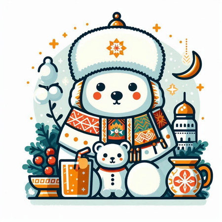 Cute cartoon polar bear with a cup of tea. Vector illustration.のイラスト素材