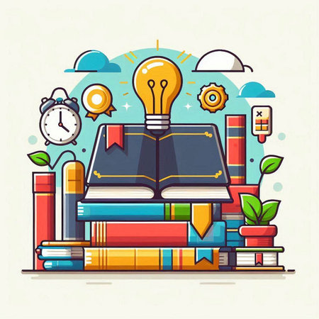 Vector illustration with books and lightbulb. Education and knowledge concept.のイラスト素材