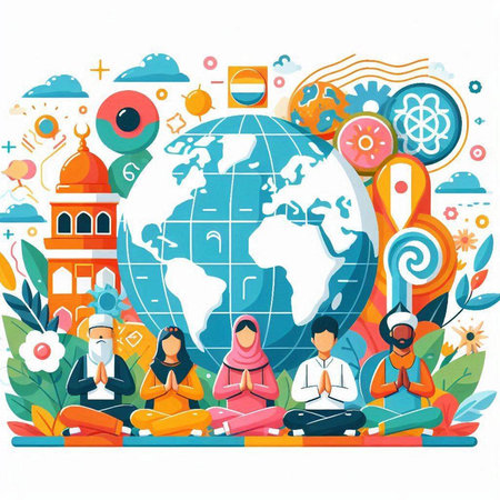 Vector illustration of people meditating in lotus pose with globe on background.のイラスト素材