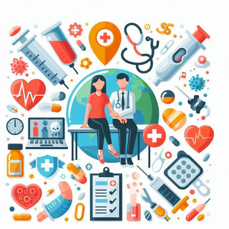 Vector illustration of flat design concept of healthcare and medicine, doctor and patient.のイラスト素材