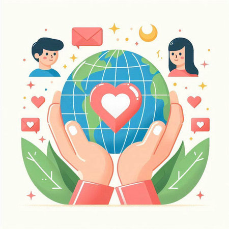 Flat design vector illustration concept of charity and donation. Human hands holding globe with heart.のイラスト素材