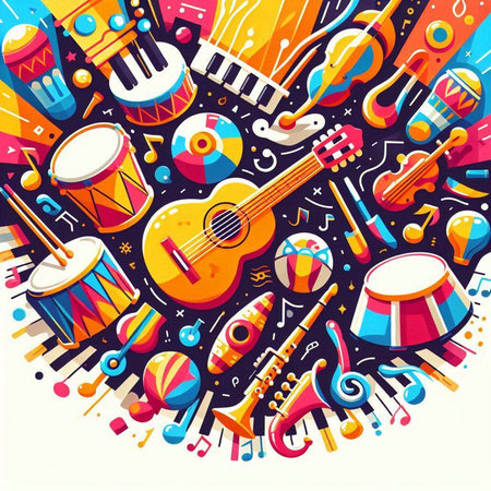 Colorful music background with musical instruments and instruments. Vector illustration.のイラスト素材