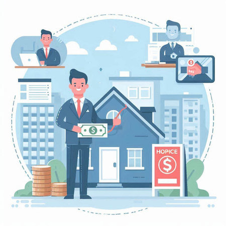 Real estate agent. Businessman with house and money. Vector illustrationのイラスト素材