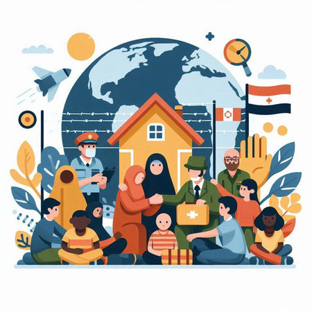 Coronavirus pandemic concept. Group of people with protective masks and medical masks sitting on the street next to the house.のイラスト素材