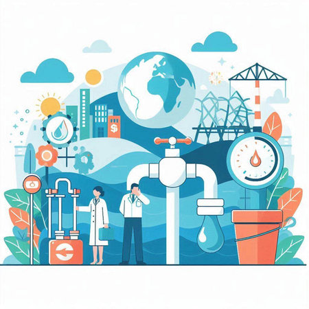 Vector illustration of a flat design concept of water pollution, global warming and climate change.のイラスト素材