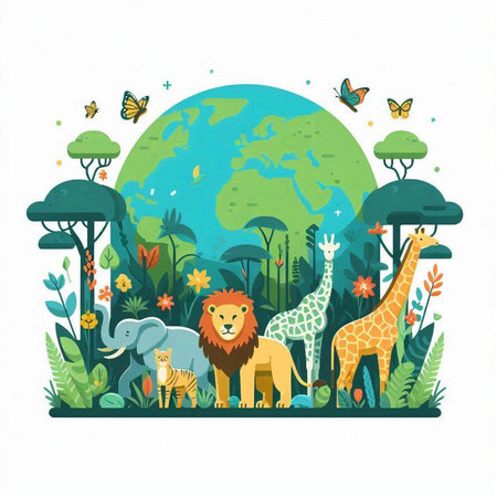 Vector illustration of a safari background with wild animals and plants.のイラスト素材