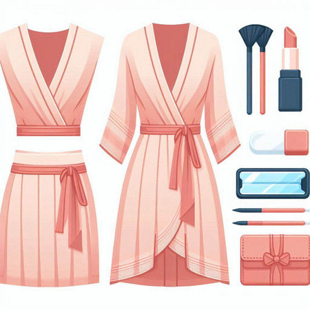 Vector set of pink women's dressing gowns, makeup brushes and cosmetics.のイラスト素材