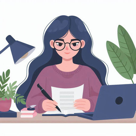 Young woman working at home. Freelance. Vector illustration.のイラスト素材