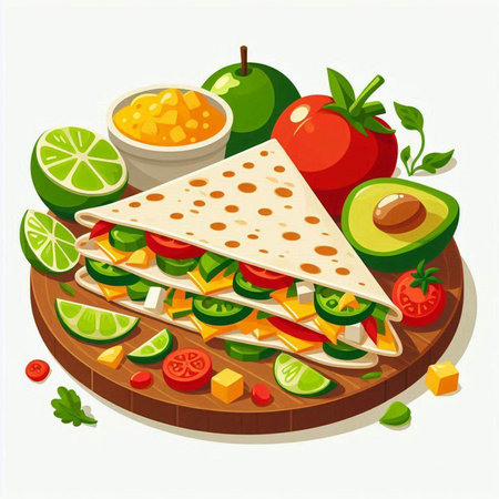 Mexican quesadilla with avocado, tomato, cucumber and lime. Vector illustrationのイラスト素材