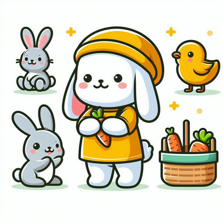 Cute Easter bunny and chick with basket of carrots. Vector illustration.のイラスト素材