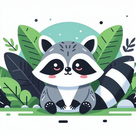 Cute raccoon in the jungle. Vector illustration in flat style.のイラスト素材