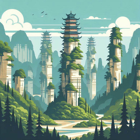 Vector illustration of a landscape with pagoda, forest and lake.のイラスト素材