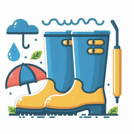 Vector illustration of rubber boots, umbrella and rain drops in flat style.のイラスト素材