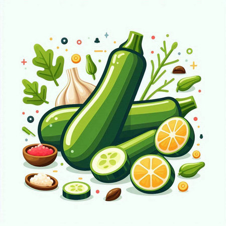 Zucchini, lemon, garlic and spices. Vector illustration.のイラスト素材