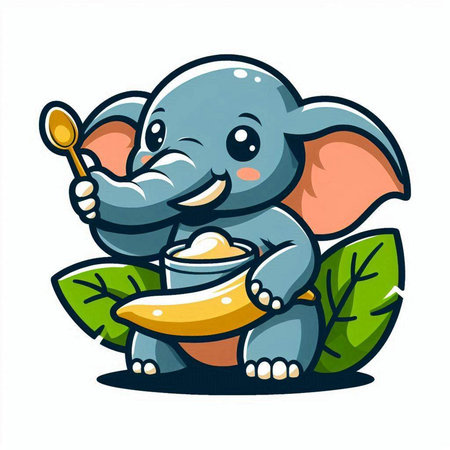 Cute elephant with a spoon and a bowl of cream. Vector illustration.のイラスト素材