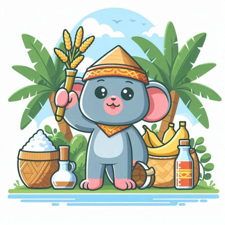 Vector illustration of cute cartoon elephant with rice in his hand on the background of palm trees.のイラスト素材