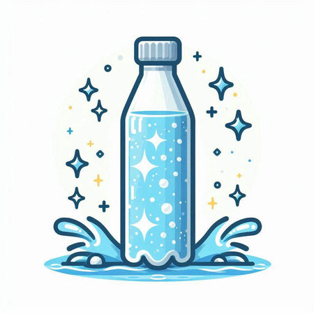 Bottle of water with bubbles and stars. Vector illustration in cartoon style.のイラスト素材