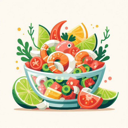 Salad with shrimp and vegetables. Vector illustration in flat style.のイラスト素材