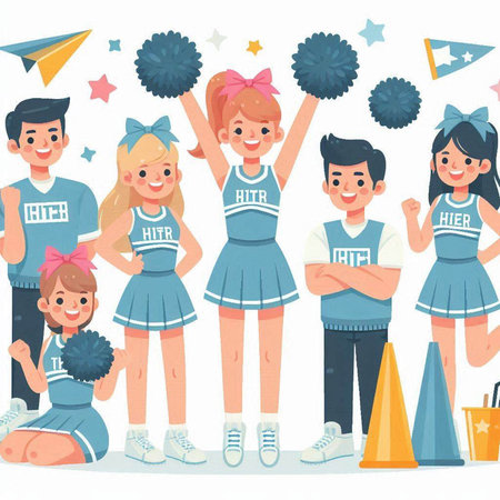 Cheerleaders. Cheerleaders with pompoms and pom poms in their hands. Vector illustrationのイラスト素材