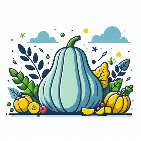 Pumpkin with leaves and berries. Vector illustration in cartoon style.のイラスト素材