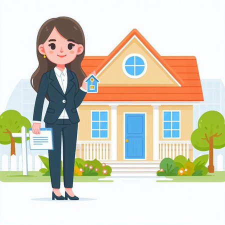 Real estate agent woman in front of a house. Vector illustration.のイラスト素材