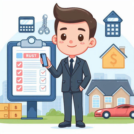 Real estate agent with clipboard and house. Vector illustration in cartoon styleのイラスト素材