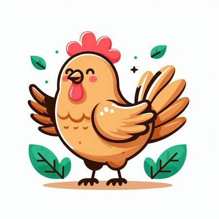 Cute cartoon chicken with green leaves isolated on white background. Vector illustration.のイラスト素材