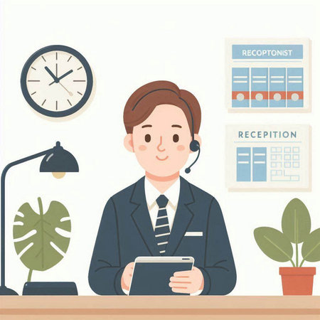 Illustration of a man in a call center with a tablet computerのイラスト素材