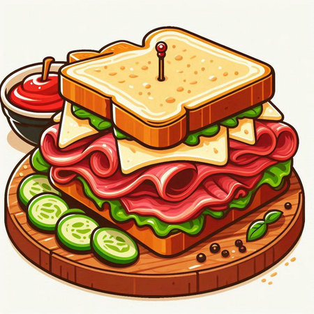 Sandwich with ham, cheese, tomato, cucumber and lettuceのイラスト素材