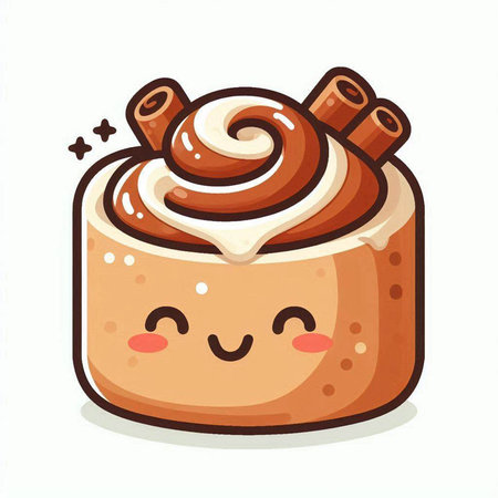 Cinnamon roll with whipped cream. Cute cartoon vector illustration.のイラスト素材