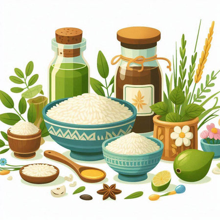 Rice in a bowl and ingredients for cooking. Vector illustration.のイラスト素材