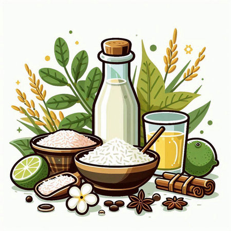 Illustration of a set of ingredients for the preparation of rice.のイラスト素材