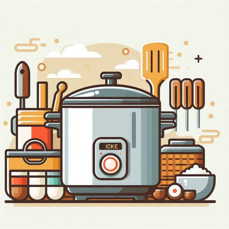 Kitchen utensils and food. Vector illustration in flat styleのイラスト素材