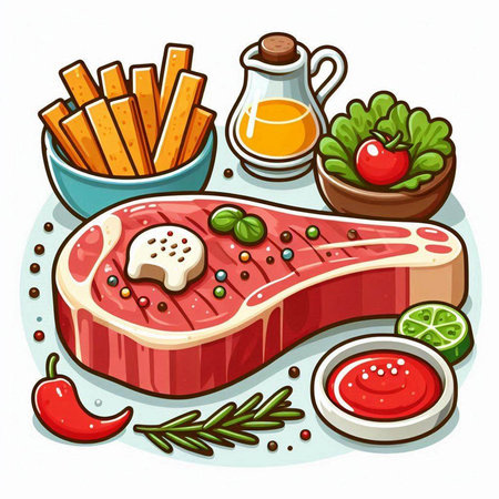 Steak with french fries and sauce. Vector illustration on white background.のイラスト素材