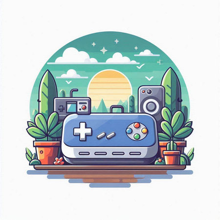 Game console in cartoon style on the background of nature. Vector illustration.のイラスト素材