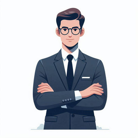 Businessman in suit and glasses standing with crossed arms. Vector illustration.のイラスト素材