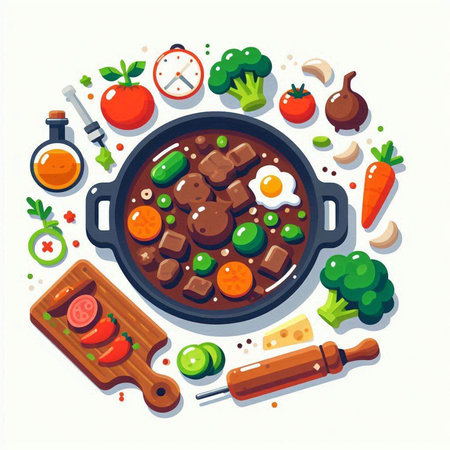 Meat stew in a pan with vegetables and spices. Vector illustration.のイラスト素材