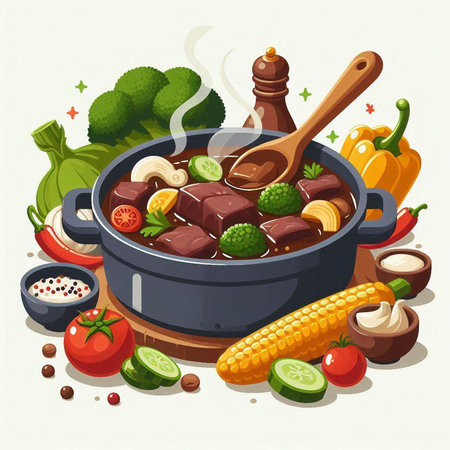 Vector illustration of goulash in a pot with vegetables and spicesのイラスト素材