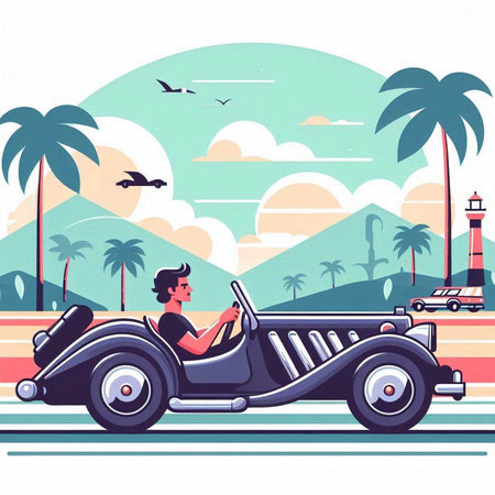 Man driving a retro car on the beach. Vector illustration in flat styleのイラスト素材