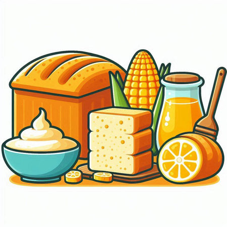 Illustration of a set of food products including bread, butter and honeyのイラスト素材