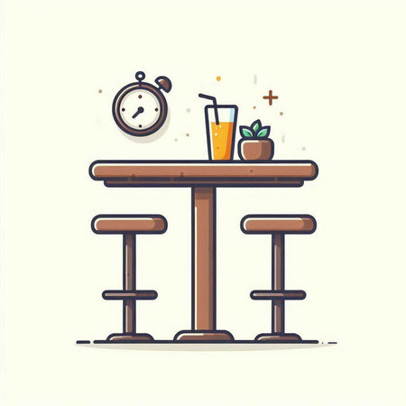 Illustration of a cafe table with a clock and a glass of juiceのイラスト素材