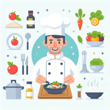 Chef cooking healthy food in kitchen. Vector illustration in flat styleのイラスト素材
