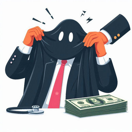 Cartoon illustration of businessman in black suit covering his face with moneyのイラスト素材
