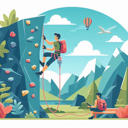 Climbing flat vector illustration. Man climbs on a rock.のイラスト素材