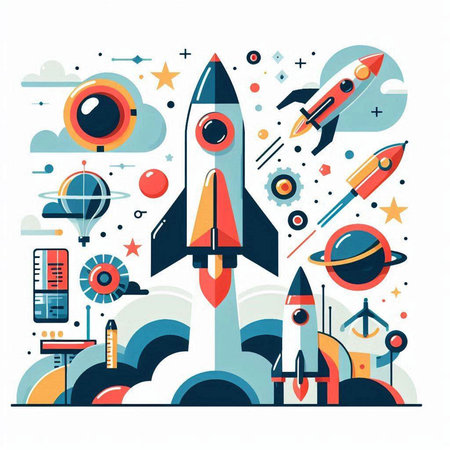 Space exploration concept with rocket, spaceship, planets and stars. Vector illustrationのイラスト素材