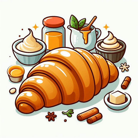 Vector illustration of fresh croissant with cream, sugar, butter, honey, vanilla and mint.のイラスト素材