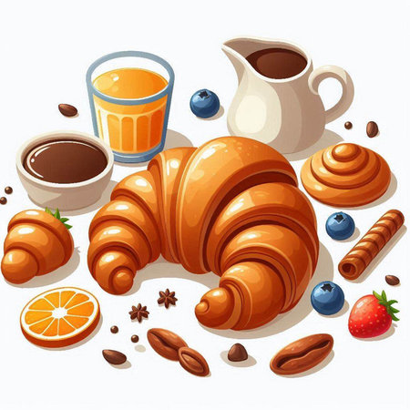 Breakfast with coffee, croissant and orange juice. Vector illustration.のイラスト素材